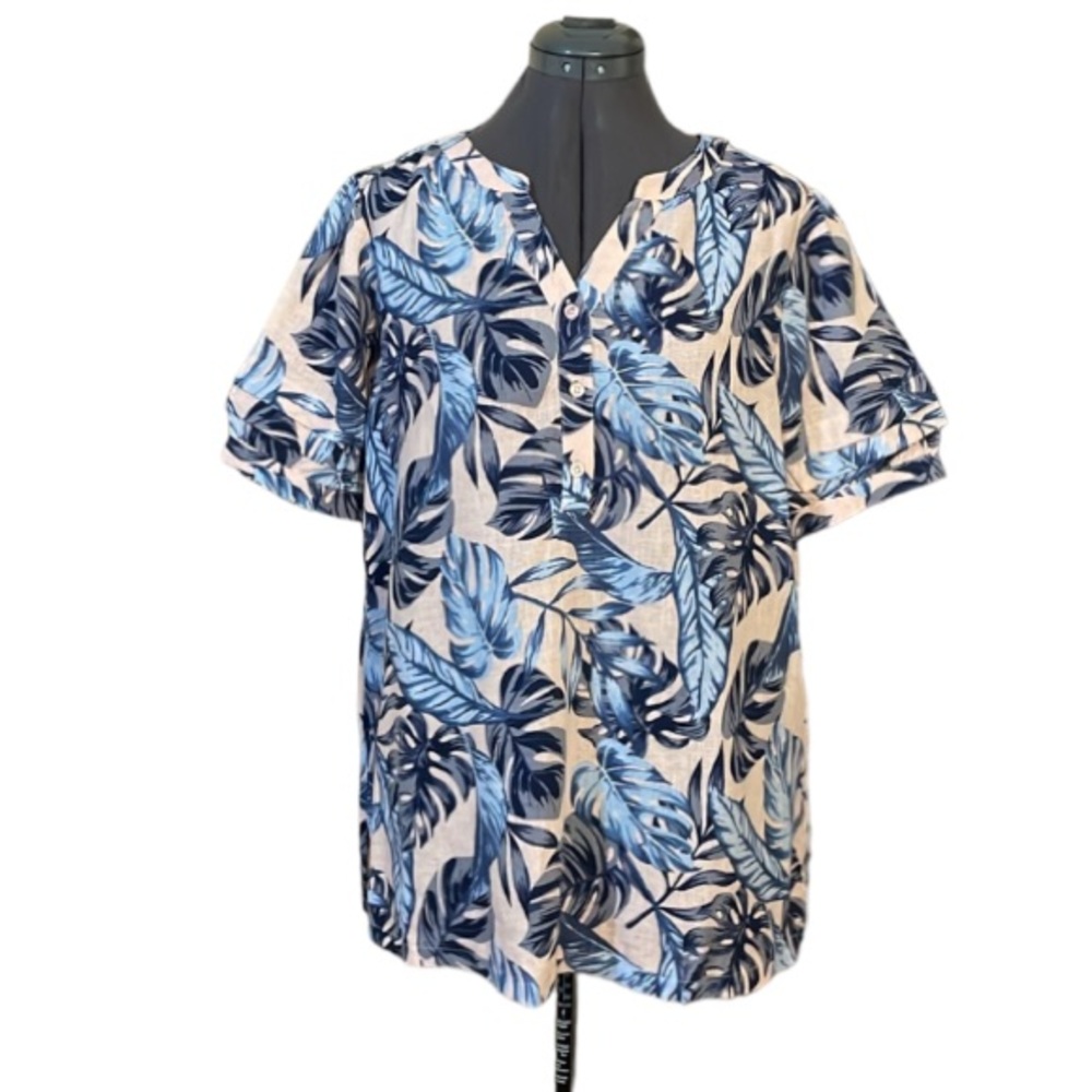Coral Bay Light Pink and Blue Linen Mix Tropical Shirt Size Large